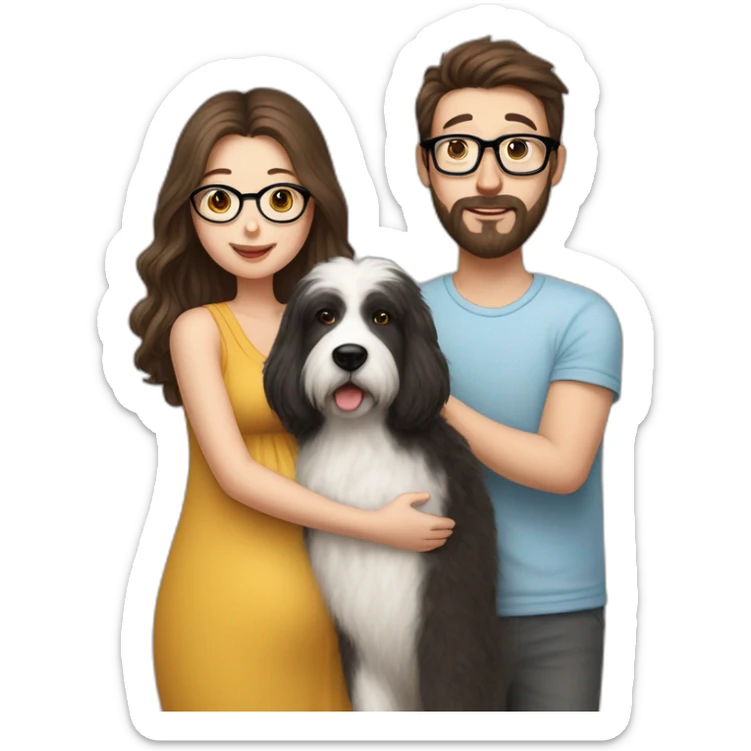 Hyperrealist pregnant girl with half long brown hair with glasses, a boy with long beard, glasses and short hair and english sheepdog sticker