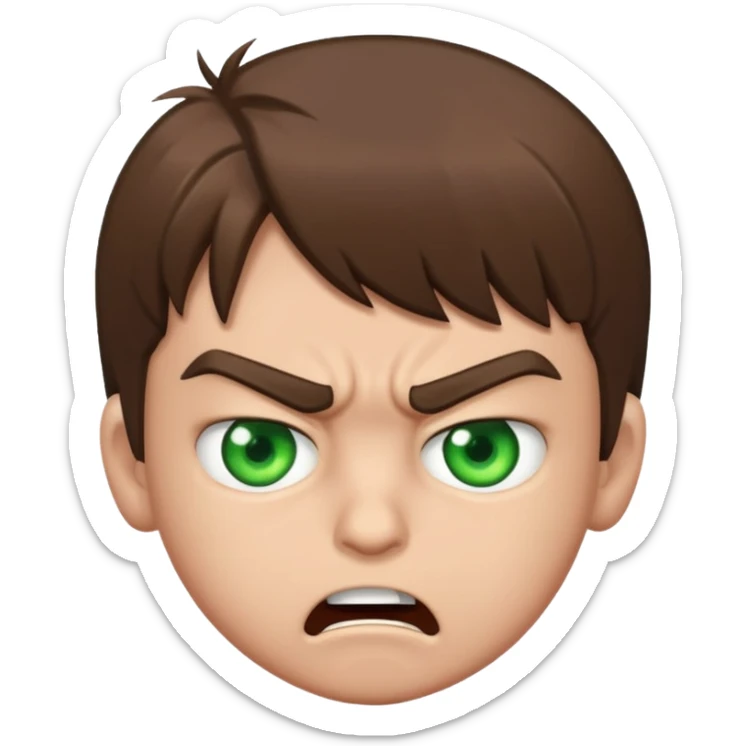 Boy 10 years old, with overgrown brown hair with green eyes, angry, shows fuck sticker