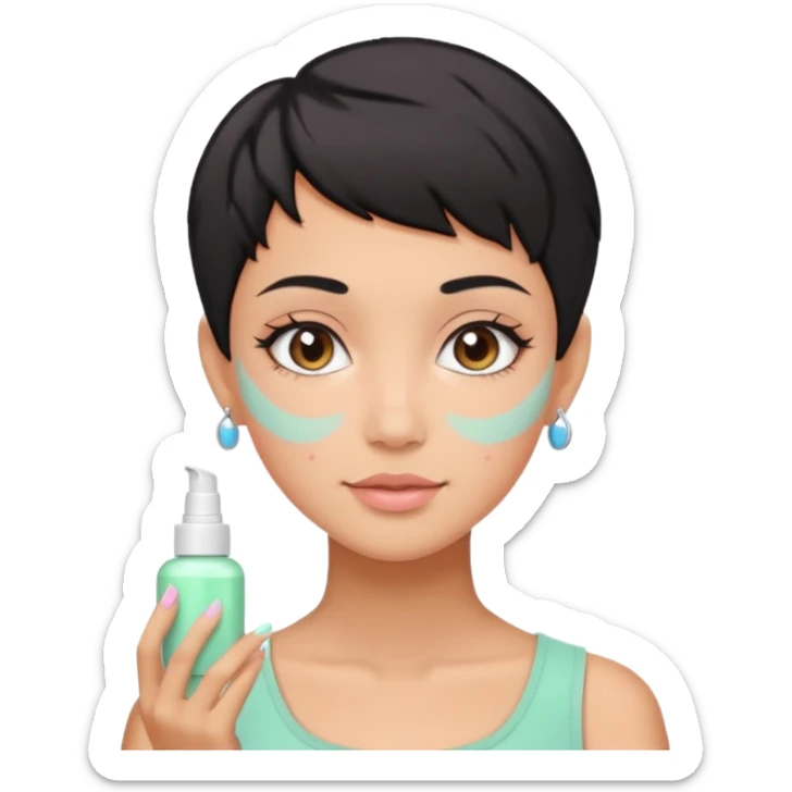tan girl with black hair & a pixie cut no earrings doing cute pastel colors skin care sticker