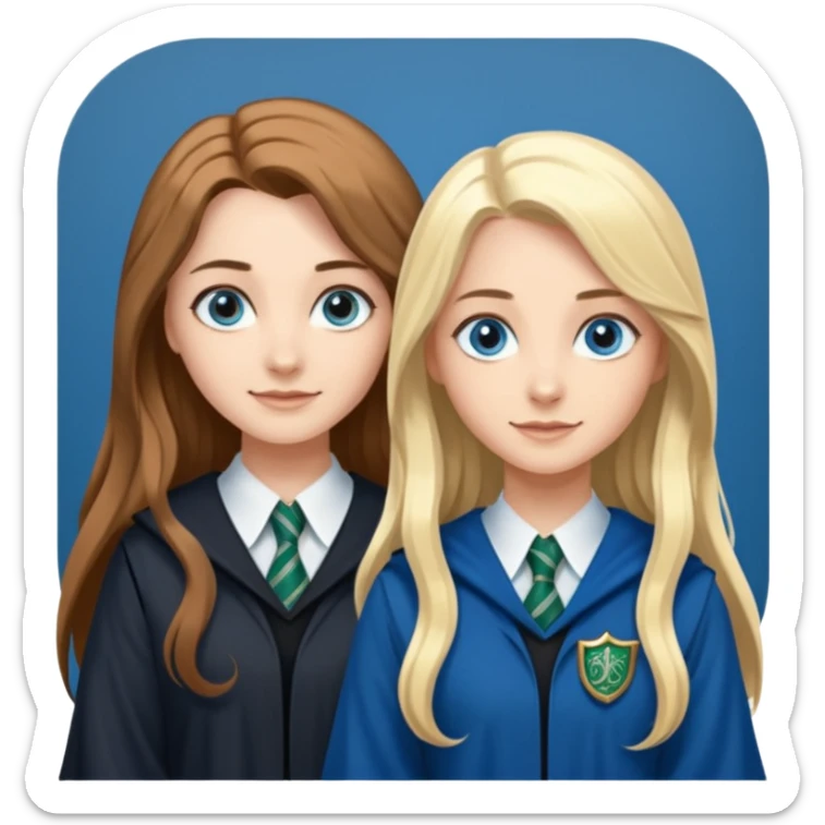 a pretty ravenclaw girl with long brown hair and blue eyes standing with a hot Slytherin girl with long blonde hair, blue eyes and big boobs  sticker