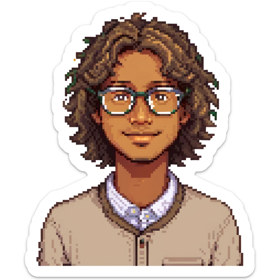Create a pixel art portrait of a man with wavy hair, glasses, light brown skin, and a small mole on his left cheek. Capture his friendly expression in pixel art style. sticker