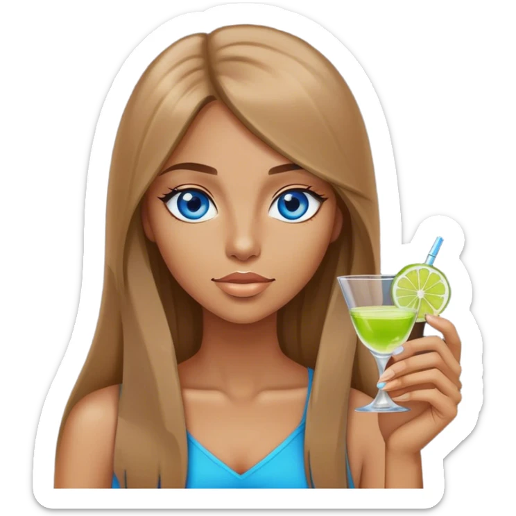 tan woman, long light brown straight hair, blue eyes, holding a shot with lime sticker