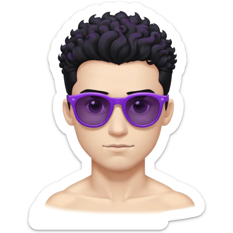 shirtless male athlete with white skin and moderately curly black hair on top with shaved sides, wearing purple sunglasses with black tinted lenses sticker
