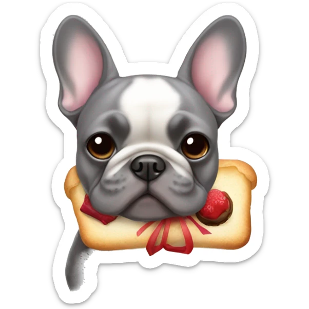 Grey French bulldog that’s wearing a bow and has French pastries  sticker