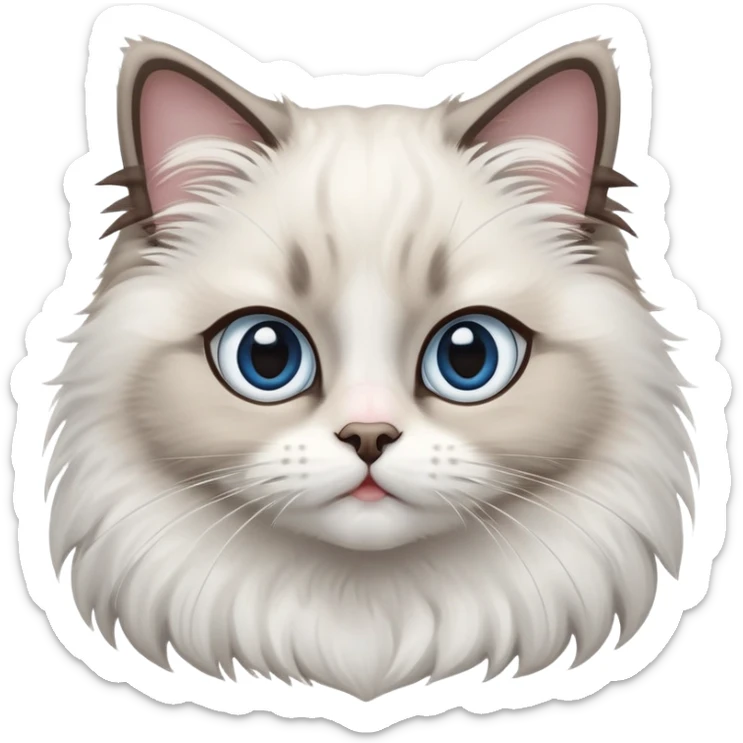 cinematic-adorable-big-eyed-fluffy-ragdoll-cat-portrait-emoji,-head-tilted-playfully-with-a-sweet-expression,-fluffy-white and grey-fur,-simplified-yet-irresistibly-cute-features-with-large,-expression, Large blue eyes sticker