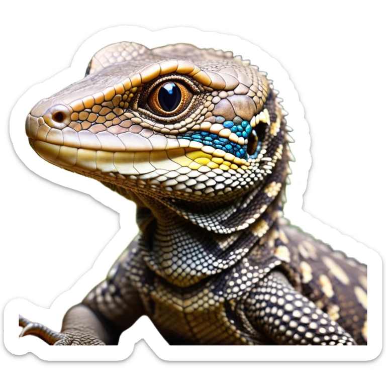 Cinematic Cute brown camo spotted monitor Lizard Portrait Emoji, Head tilted playfully and inquisitively, with a sleek, patterned body accented by vibrant hues and round, sparkling eyes full of wonder, Simplified yet irresistibly adorable features, highly detailed, glowing with a warm, friendly glow, high shine, affectionate and lively, stylized with a touch of exotic charm, bright and endearing, soft glowing outline, capturing the essence of a mischievous yet captivating lizard that seems as if it could scuttle out of the screen into your arms! sticker