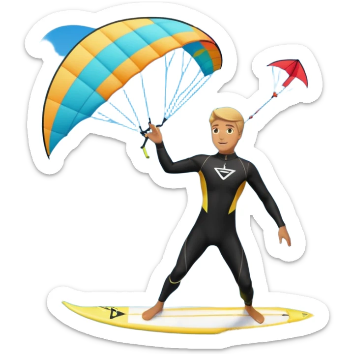 Kiter man con neopreno negro largo en el mar con una cometa kite surf de 18 metros,haciendo kite surf y el truco downloop sticker