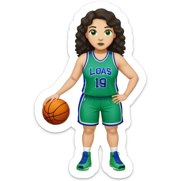 full body plus size light skin latino women basketball player with wavy dark hair large wide nose wearing blue with green uniform sticker