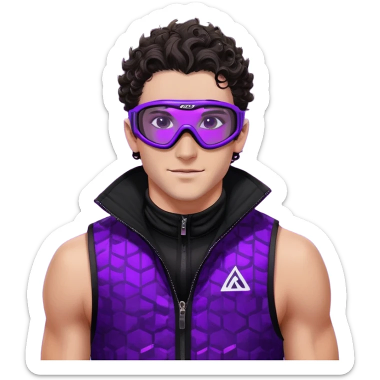 close-up of male athlete with white skin and moderately curly dark brown hair on top with shaved sides, wearing ski goggles with purple frames and very dark black lenses, a simple plain black chain necklace, and a completely unzipped sleeveless vest with purple and black sequin fire pattern design with no logo, with an arrogant smug smirk on his face, looking confident and cocky sticker