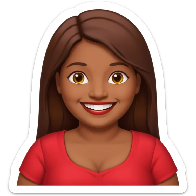 50 yr old chubby Sri Lankan woman, dark skin, straight brown hair, big smile, white teeth, red dress clothes, longer hair sticker