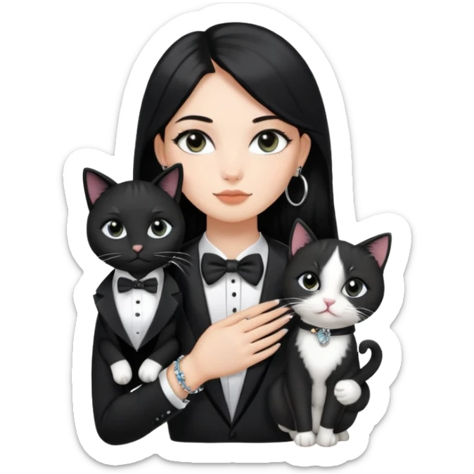 A girl with long straight black hair has upward-slanting eyeliner. She is wearing large silver hoop earrings, a black t-shirt, and a bracelet on her left hand. She is holding a  tuxedo cat with a black face  sticker