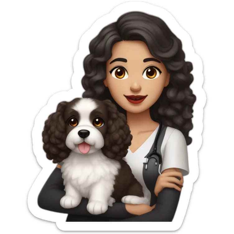 young moroccan woman with dark brown eyes, dark long curling hair, red lips, a black dress, a stethoscope and a white cotton of tulear dog on her laps sticker