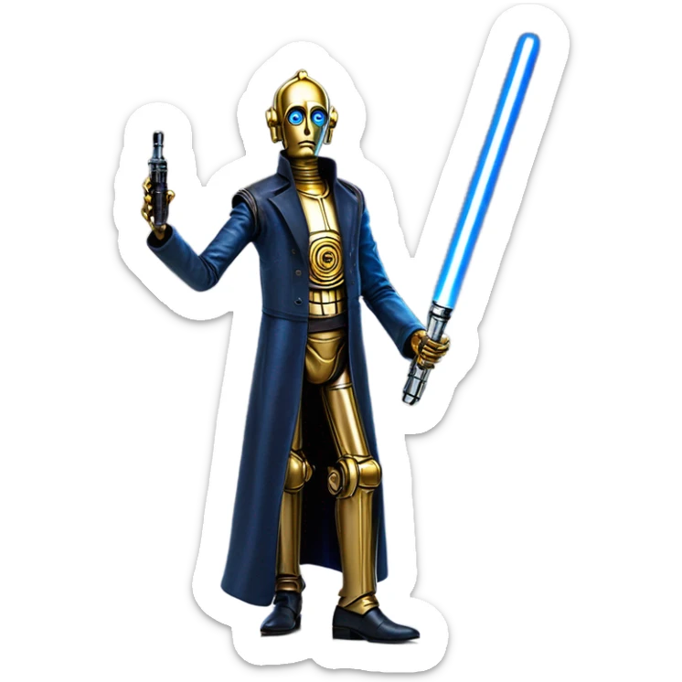 tarnished undercover tough well-equipped Jedi  life-sized darkblue-pearl C3po as a friendly droid wearing a leather clothing pants and vest old west duster coat holding light saber sheriff sticker