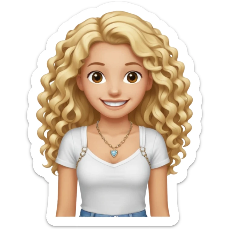 smiling white girl with long curly blond hair and hairgrip, athletic slim, wearing jeans white strappy t-shirt and necklace, showing white teeth sticker