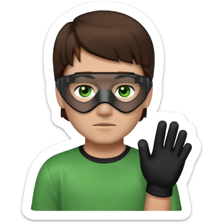 Chico de pelo marrón, ojos verdes y la mitad de la cara color gris ceniza. Con un cubre bocas negro, que tiene una camisa verde por encima de una remera blanca, y tiene un guante negro en una sola de las manos. Estilo minecraft sticker