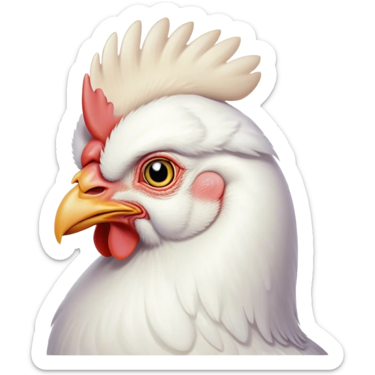 Cinematic Noble White Chicken Portrait Emoji, Poised and regal, with a compact, sturdy build and a pristine, well-groomed pure white plumage, deep-set soulful beady eyes, Simplified yet sharp and sophisticated features, highly detailed, glowing with a soft, dignified glow, high shine, intelligent and alert, stylized with an air of barnyard elegance, focused and attentive, soft glowing outline, capturing the essence of a watchful and confident fowl, so majestic it feels as though it could strut out of the screen with effortless authority! sticker