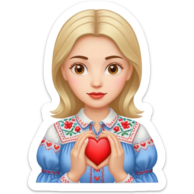 A Ukrainian woman in an embroidered shirt holds a heart in her hands sticker