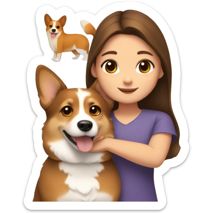girl with brown eyes and brown hair hugs a corgi sticker