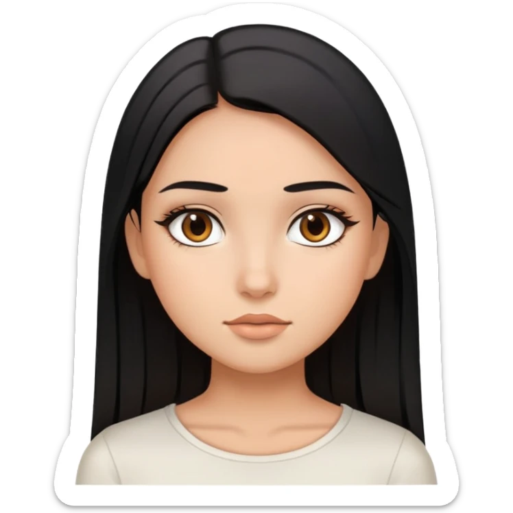 Girl with black straight hair,brown eyes, soft make up, wearing a white top sticker