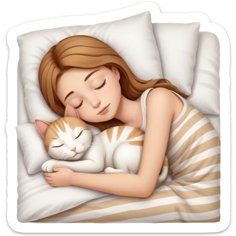 side view light brown haired teenage girl sleeping with white cat that has beige stripes on a white pillow with white sheets sticker