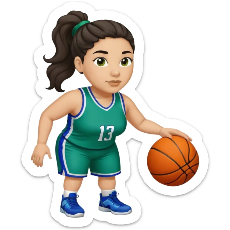  plus size light skin latino women basketball player with wavy dark hair in pony tail flat wide nose wearing blue green  uniform sticker