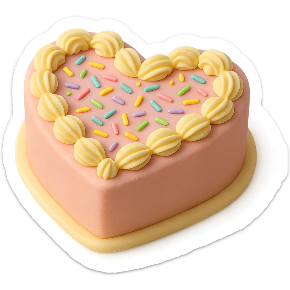heart-shaped fondant cake with rainbow sprinkles and piped swirls, fondant cake art style sticker