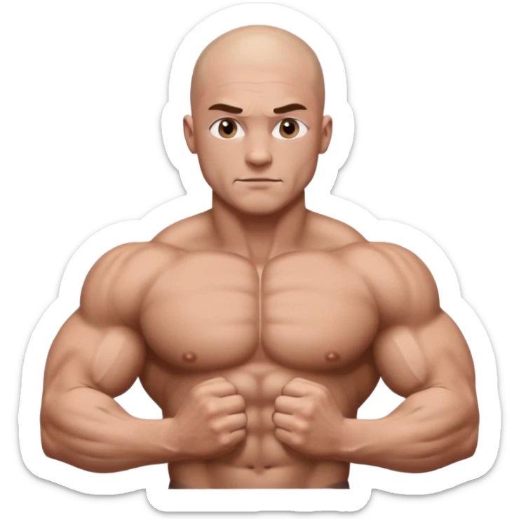 White skin, Shirtless, a lot of brown hair on the chest, Bodybuilder, big biceps and shoulders. Bald head sticker