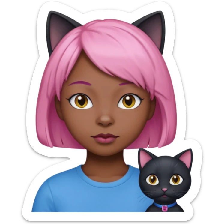 Black cat wearing a short pink hair wig, blue T-shirt sticker