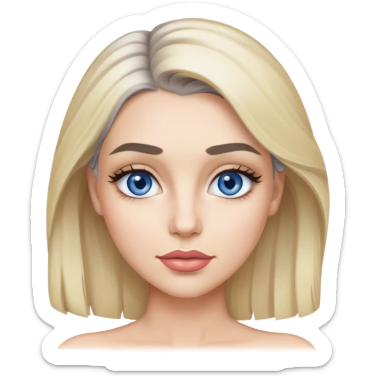 A blonde grey highlights Megan fox with blue grey eyes and nude lipstick on and bushy eyebrows sticker