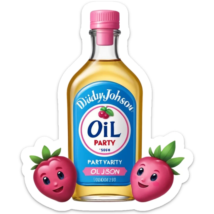 bottle of oil blue top pink outside with logo that says Diddy Party oil Johnson and Johnson  brand with a smiling berry on top sticker