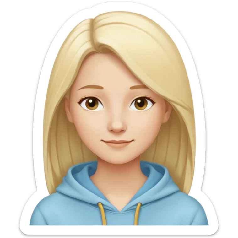 Caucasian woman, oval face, straight light blonde hair with side part, serene smile, dreamy expression, light blue hoodie with gold and white details sticker