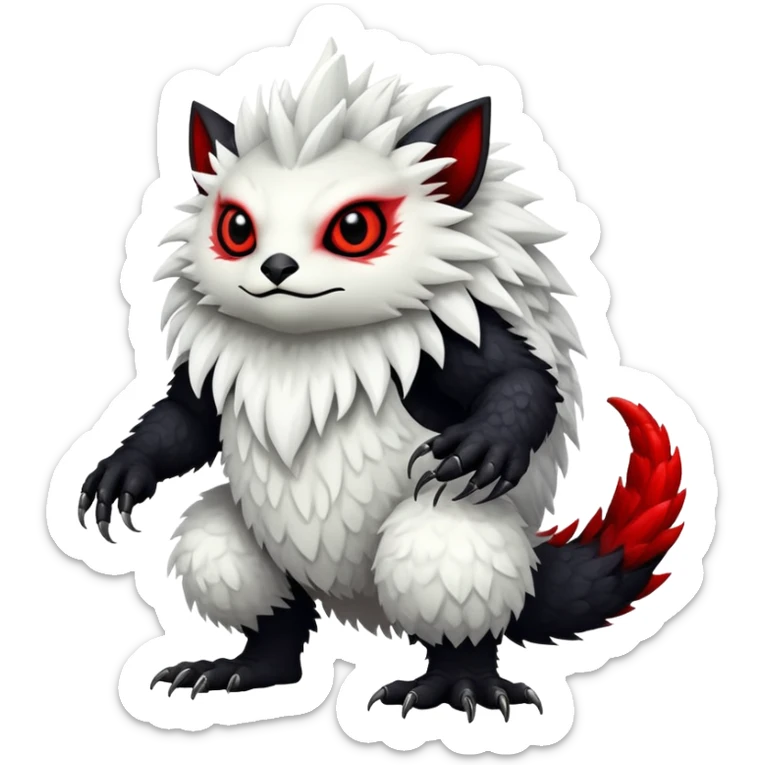 a white exotic edgy vernid-fionbr-Fakémon-creature, with black belly and red eyes, full body sticker
