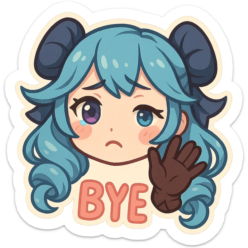 chibi style head of Gwen from League of Legends, right eye purple, one hand waving with glove, expressing a goodbye emote, sad but sweet expression, no letters sticker