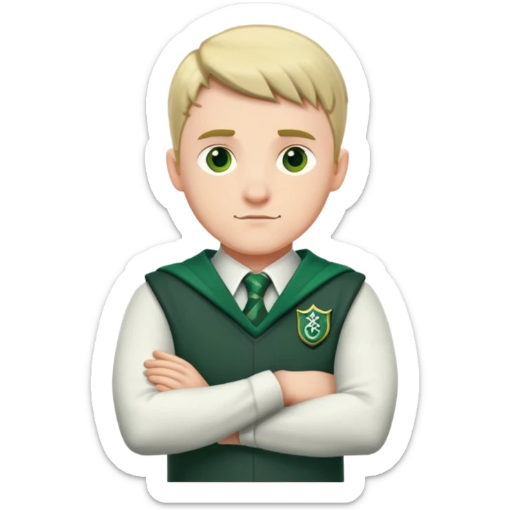 An adult man slightly to the side looking forward with crossed arms wearing the Slytherin uniform sticker