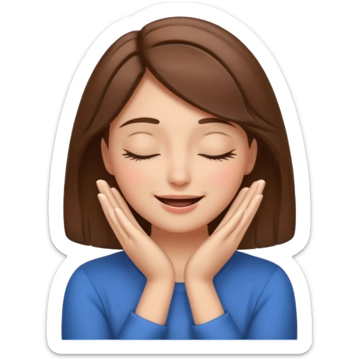 femenine smiling face posing with hands under chin, eyes closed like enjoying and brown hair  sticker