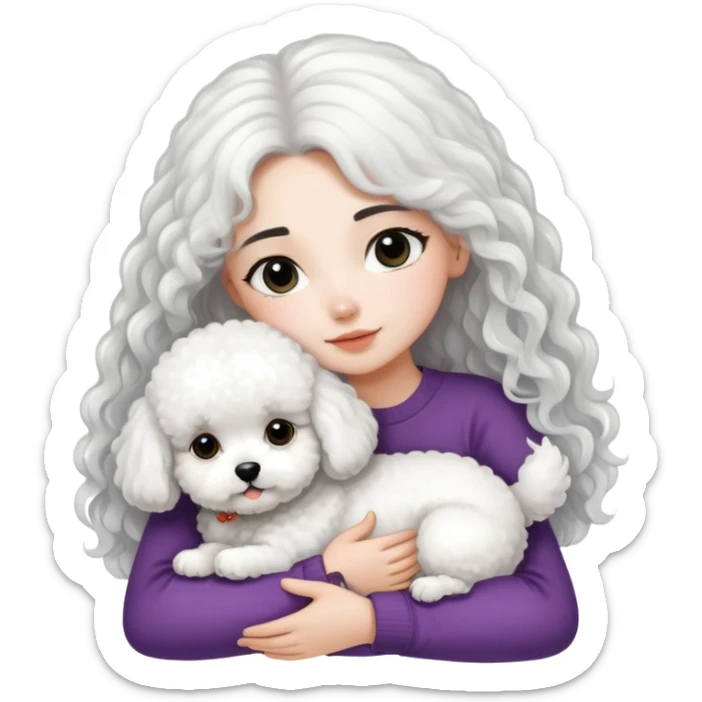 A girl with long straight black hair hugs a white curly-haired Bichon Frise puppy sticker