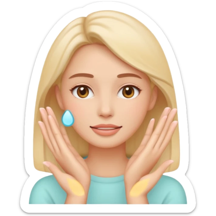 Minimal emoji-style icon of a woman’s face with clear glowing skin, hands gently touching the jawline, skincare concept, soft pastel colors, clean flat design, rounded shapes, no background, modern wellness emoji, iOS-style, high clarity sticker