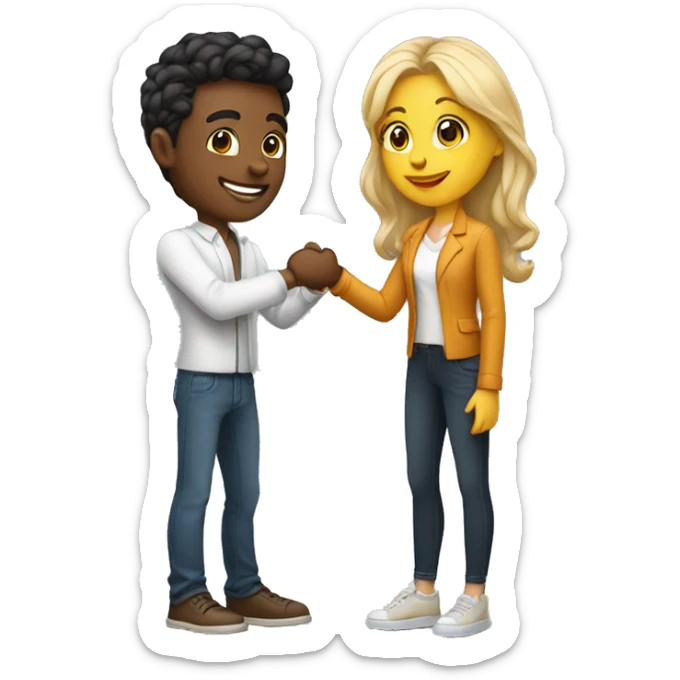 an adult restaurant owner and a young blogger shaking hands, both with fair skin, in great detail sticker