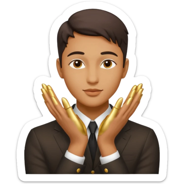 emoji style person gender-neutral slightly masculine gently kissing their own glowing gold hands symbolizing talent, proud warm playful face, compact clean lines bold colors smooth shading minimal details white or transparent background sticker