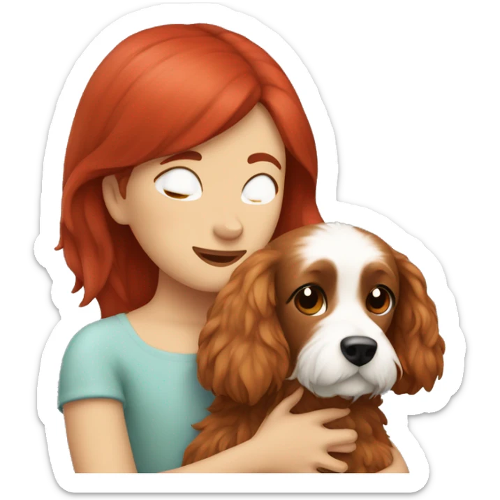 Maltipu's red-haired dog hugs a girl with dark hair sticker