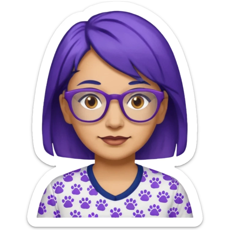 50-year-old woman with hair that is navy blue, purple glasses, and brown eyes, in a shirt with small pawprints all over it. sticker