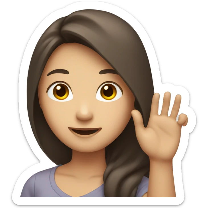 A smiling Asian woman with brown long hair and white skin raising one hand.  sticker