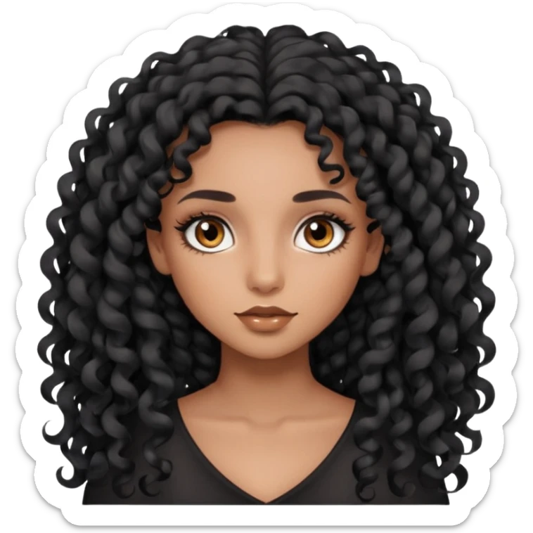 girl with long black curls and brown eyes, brown skin, eyelashes, siren eyes sticker