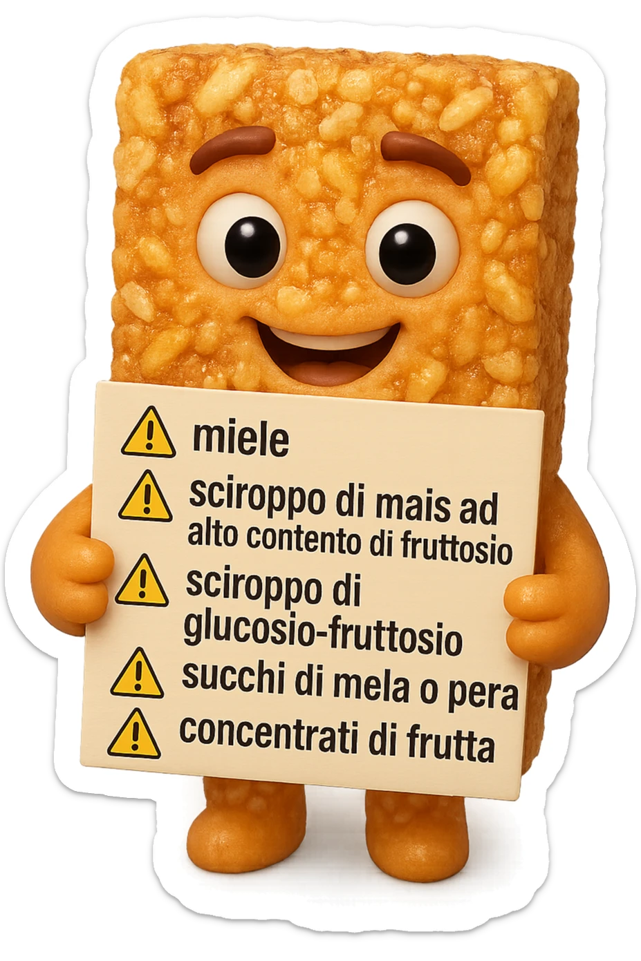 SU QUESTO STILE FAI UN EMOJI STILE IPHONE 3D DI UNa barretta ai cereali con ETICHETTA CON GLI INGREDIENTI SCRITTI, "miele, sciroppo di mais ad alto contenuto di fruttosio, sciroppo di glucosio-fruttosio, succhi di mela o pera,
concentrati di frutta" accanto ad ogni nome scritto mettici un segnale di allarme, FALLO MOLTO REALISTICO IN 3D sticker
