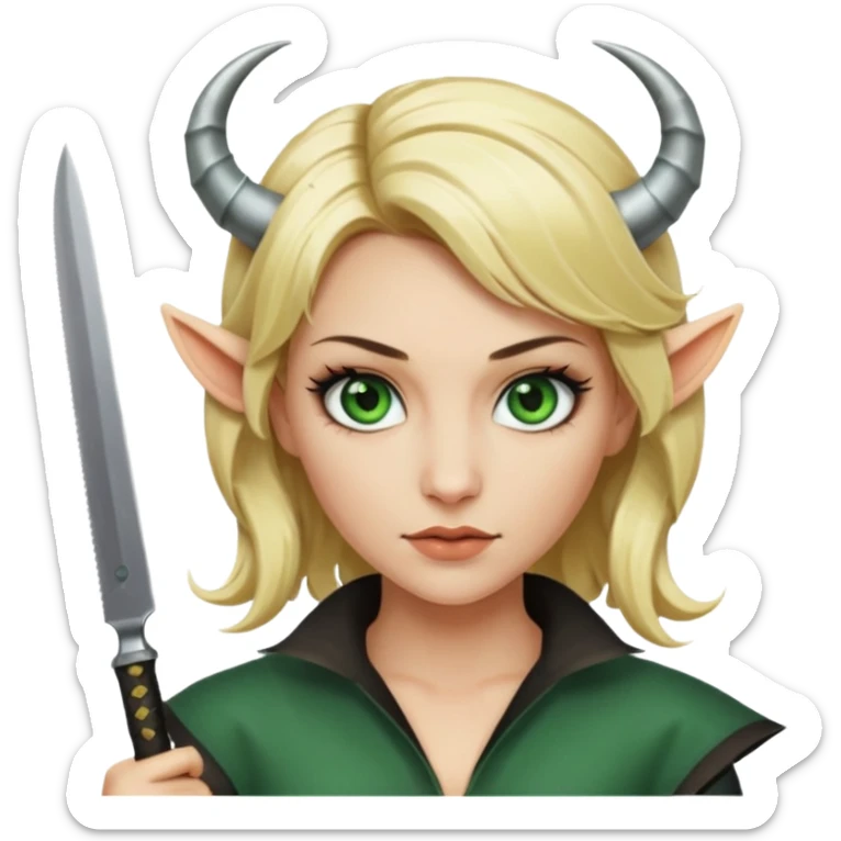 Emoji femme blonde cheveux blond, yeux vert avec de long cils noir qui a des cornes et tiens un couteau  sticker