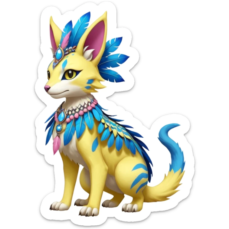 Kawaii cute yellow, blue, pink, exotic tribal beautiful pretty elegant divine edgy feline-vernid-sergal-Fakémon-Pokémon-Digimon-fursona-animal-creature with bracelet, necklace, full body, with intricate detailed markings, feather headdress  sticker