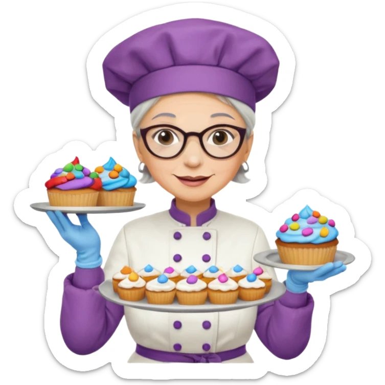 Older female pastry chef – round glasses, oven mitts on, holding a tray of cupcakes

 sticker