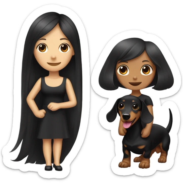 Long-haired dachshund with black-haired Asian girl wearing black dress sticker