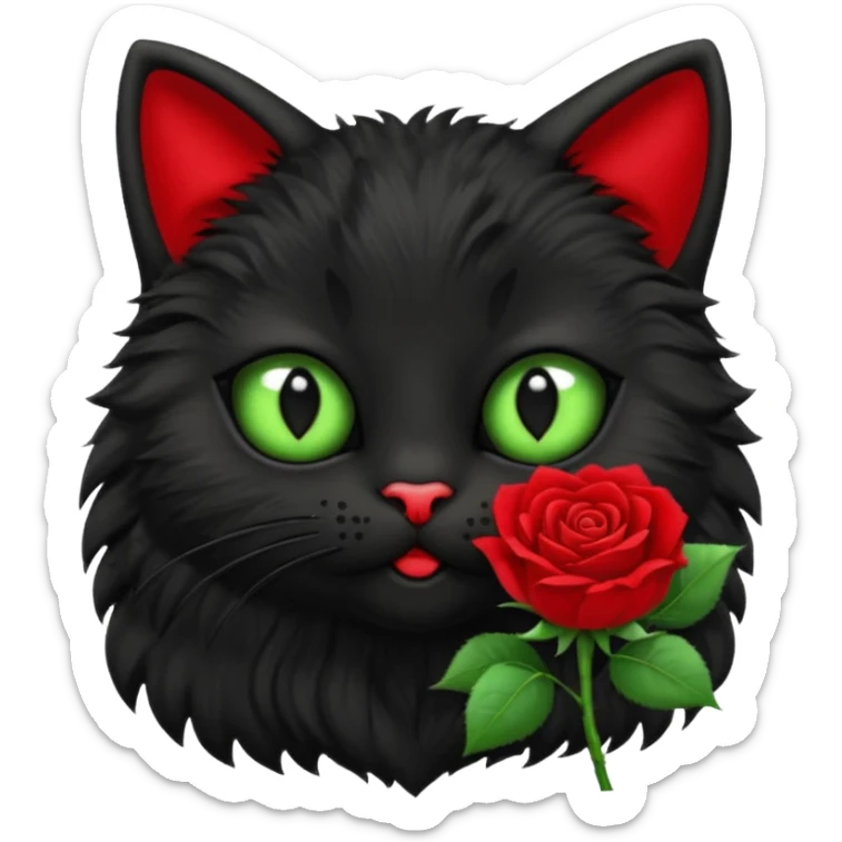 Cute emoji-style black cat holding a red rose in its mouth, big round eyes with light green sclera and black pupils, fluffy fur, clean mascot style, centered, soft beige background, 1:1 ratio. sticker
