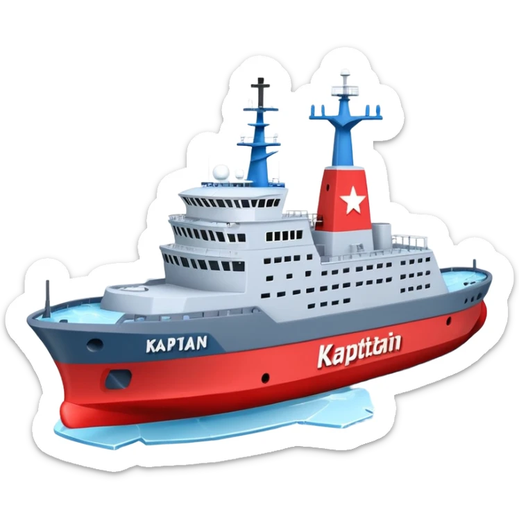 Realistic 3D icon of icebreaker "Kapitan Krutov" (grey hull, red star, white superstructure, "РОСМОРПОРТ" lettering). Soft winter lighting, 3/4 aerial view. Fractured blue ice, white background. High detail, photorealistic GSON style. sticker
